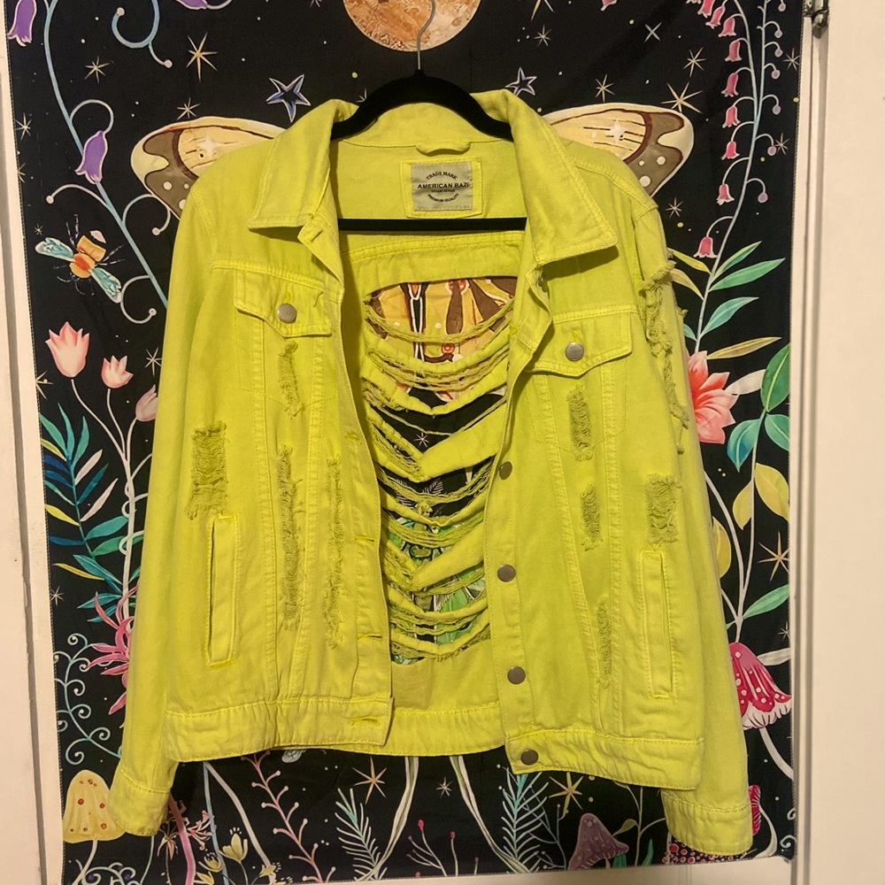 AMERICAN BAZI. lime green distressed jacket